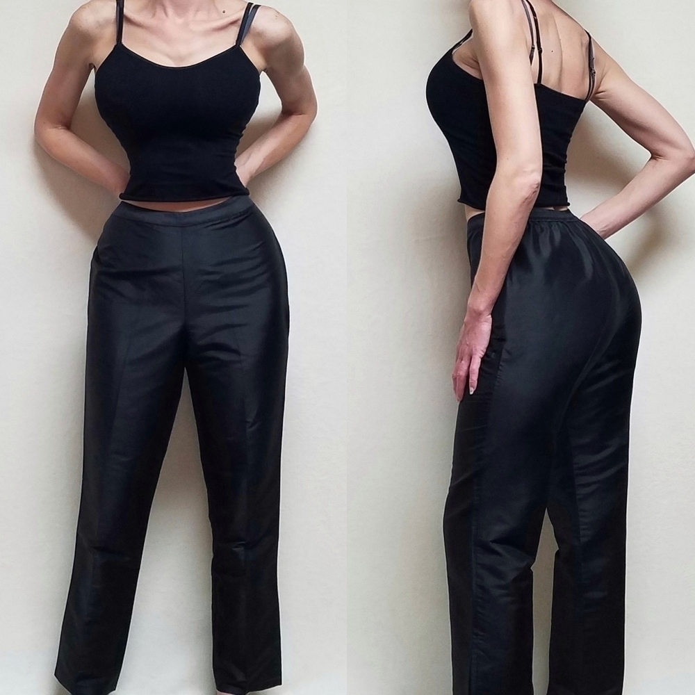 Vintage 90s Bloomingdale's Black Silk High Rise Cropped Tapered Leg Trousers 10